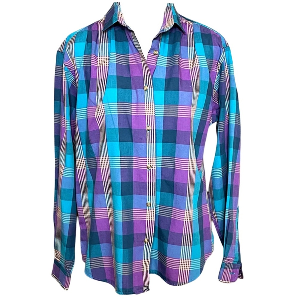 Vtg Woolrich Plaid Long Sleeve Shirt Blue Lavender Pink Lightweight - Picture 1 of 4